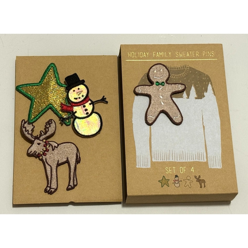 NEW Holiday Pins Brooches Set of 4 Star Moose Snowman Gingerbread Man Gifts